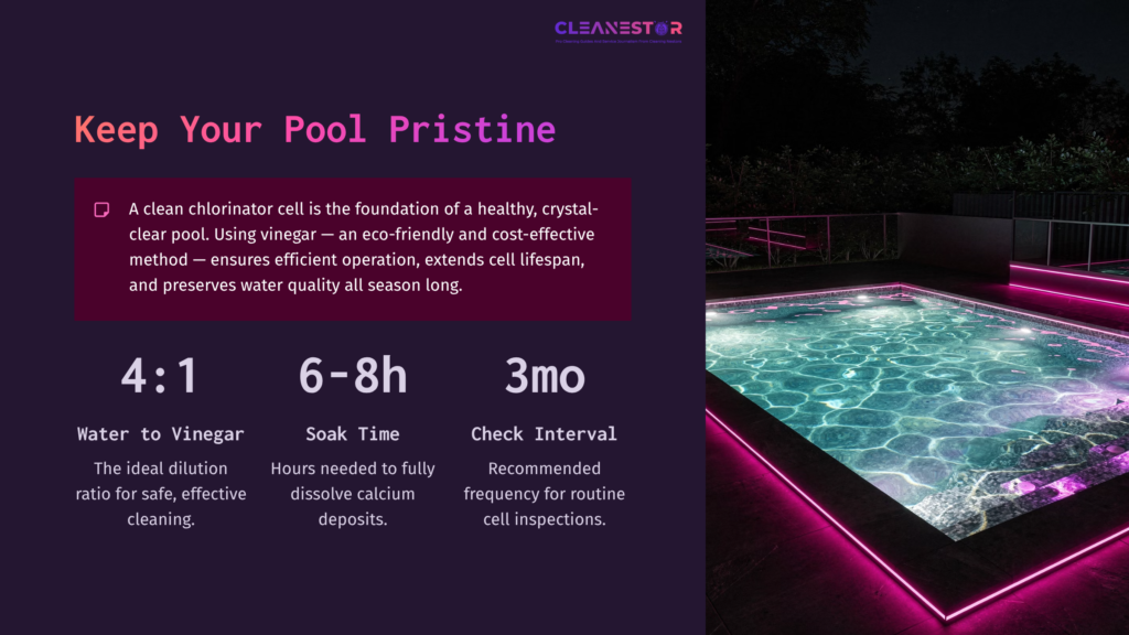 A Glowing Pool At Night, Featuring Vibrant Lighting, With Text Explaining The Cleaning Process For A Salt Water Chlorinator Cell Using Vinegar.