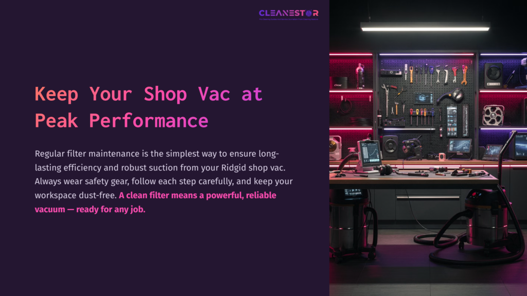 Text On A Dark Background With A Purple Accent States, “Keep Your Shop Vac At Peak Performance.” A Variety Of Tools And Vacuums Are Displayed On Shelves Behind A Workspace.