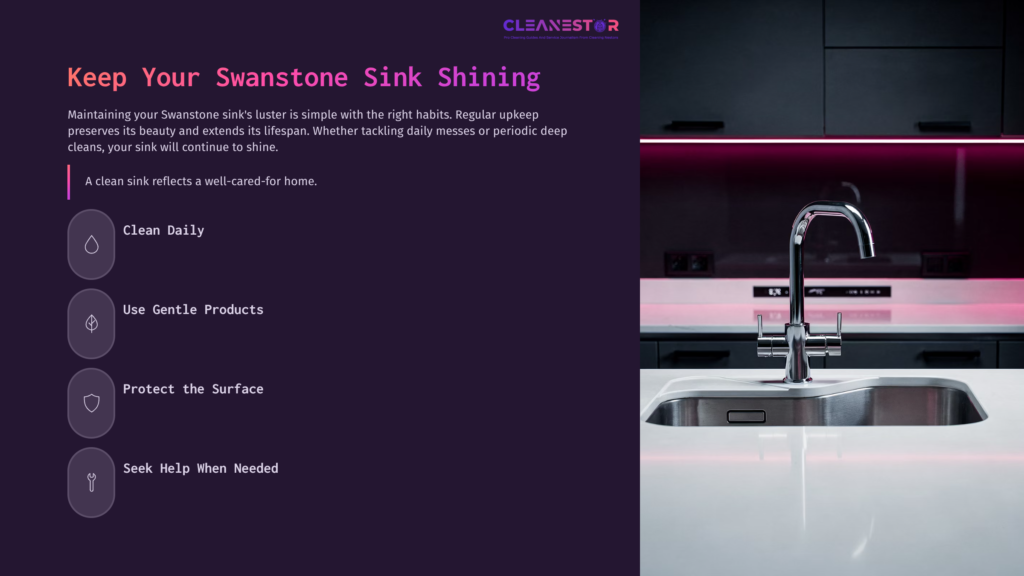 11 Keep Your Swanstone Sink Shining Swanstone Sink With A Sleek Faucet, Surrounded By Dark Cabinetry And Illuminated By Pink Ambient Lighting; Cleaning Tips Displayed Alongside.