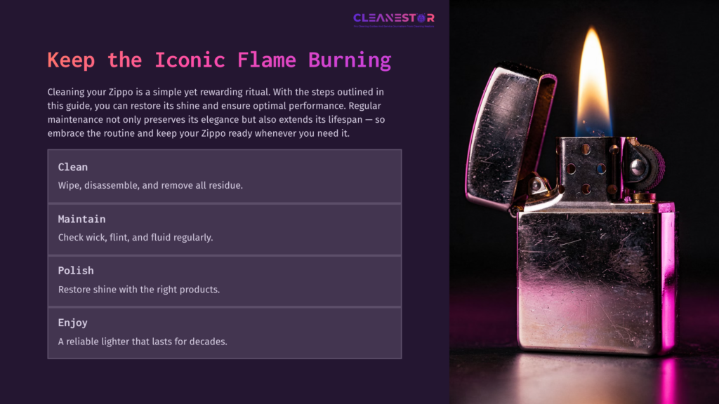 A Polished Zippo Lighter With A Visible Flame, Alongside Text Outlining Steps For Cleaning And Maintaining It. Background Is Purple.