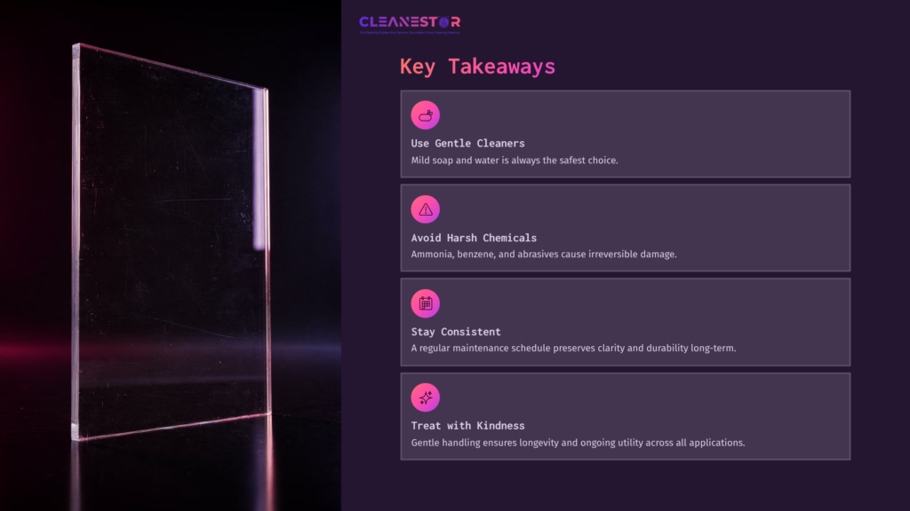 11 Key Takeaways 3 Clear Polycarbonate Panel On The Left, With Purple Background. Key Takeaways Listed In White Text On The Right, Highlighting Cleaning Tips.