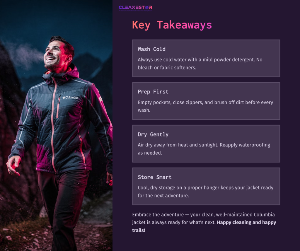 Man In A Columbia Jacket Walking Outdoors At Sunset, Surrounded By Mountains. Text Overlay Includes Cleaning Tips For The Jacket.
