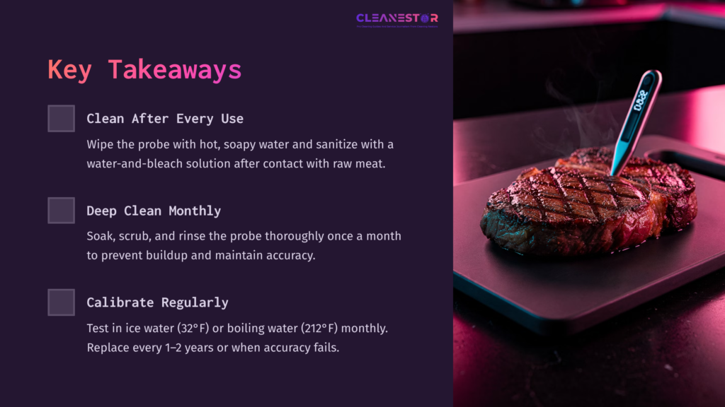 A Black Meat Thermometer Rests On A Grilled Steak, Beside Key Cleaning Tips Highlighted In Purple And White Text On A Dark Background.
