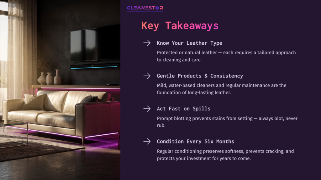 Text On A Split Background Featuring A Modern Leather Sofa, Warm Lighting, And Key Tips On Leather Cleaning And Care.