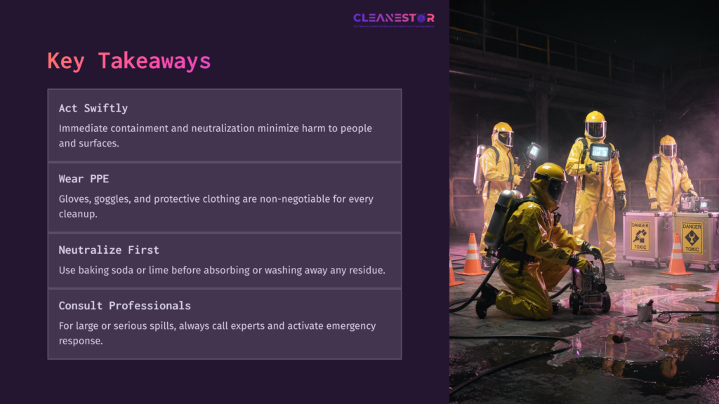 11 Key Takeaways 7 Workers In Protective Gear Clean Up A Sulfuric Acid Spill, Surrounded By Safety Cones And Dimly Lit Industrial Setting.