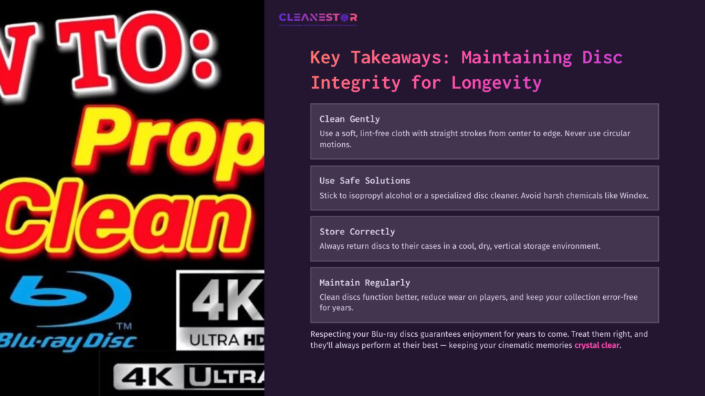 A Bright Graphic Featuring &Quot;How To Clean A Blu Ray Disc&Quot; With Three Key Tips In Purple Text, Set Against A Black Background With Red Highlights.