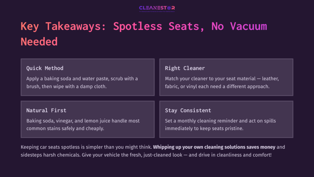 Text On A Dark Background Highlights Cleaning Tips For Car Seats, Featuring A Baking Soda Image And A Damp Cloth In The Layout.
