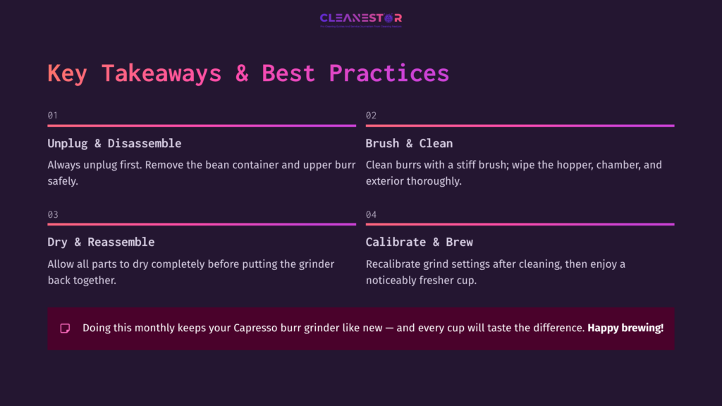 11 Key Takeaways And Best Practices 1 Purple And Pink Infographic Listing Key Takeaways For Cleaning A Capresso Burr Grinder, With Bold Headings And Step-By-Step Instructions.