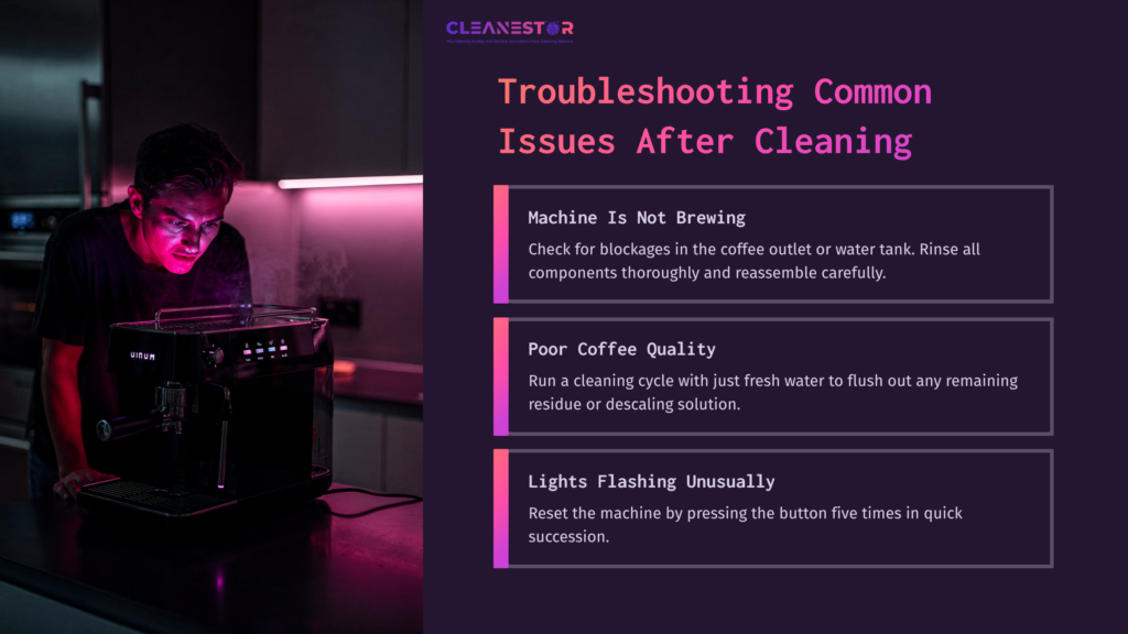 A Person Troubleshooting A Nespresso Vertuo Machine In A Dimly Lit Kitchen With A Purple Hue, Alongside Key Cleaning Tips Displayed.