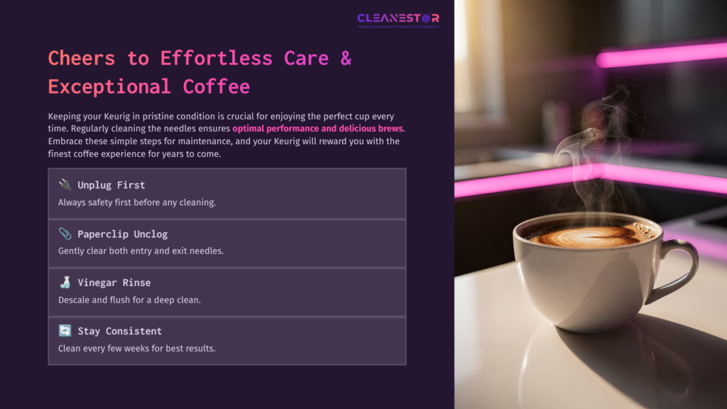 A Steaming Cup Of Coffee Sits On A Countertop, With Pink Ambient Lighting And Cleaning Tips For A Keurig Coffee Maker Alongside.