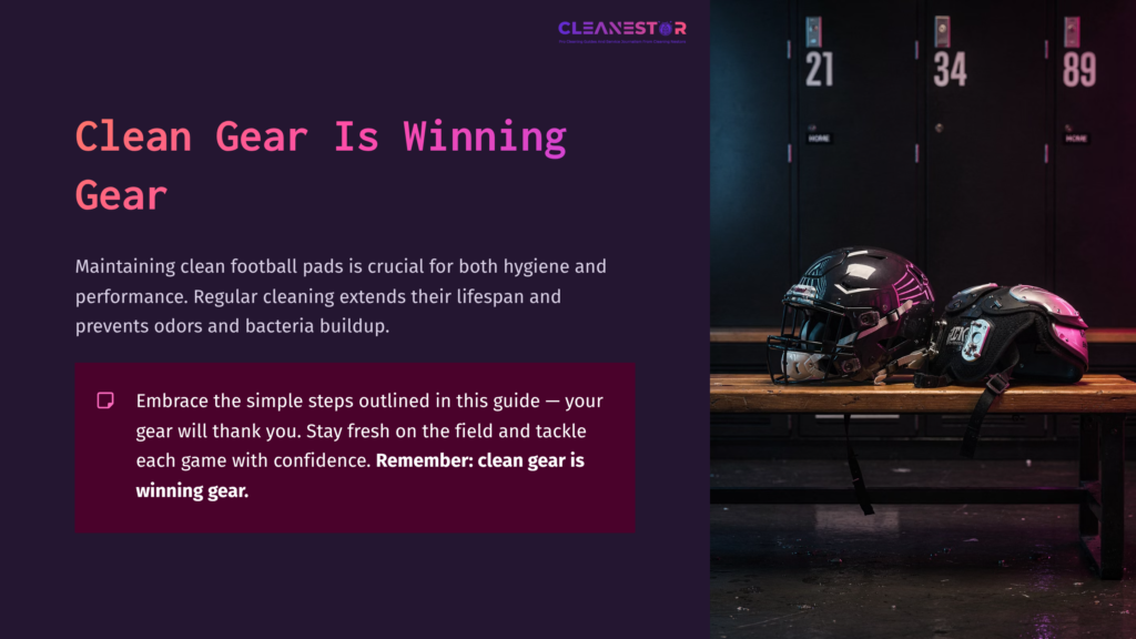 Football Pads And Helmet On A Bench In A Locker Room, With A Dark Purple Background And Text Highlighting Gear Maintenance Tips.