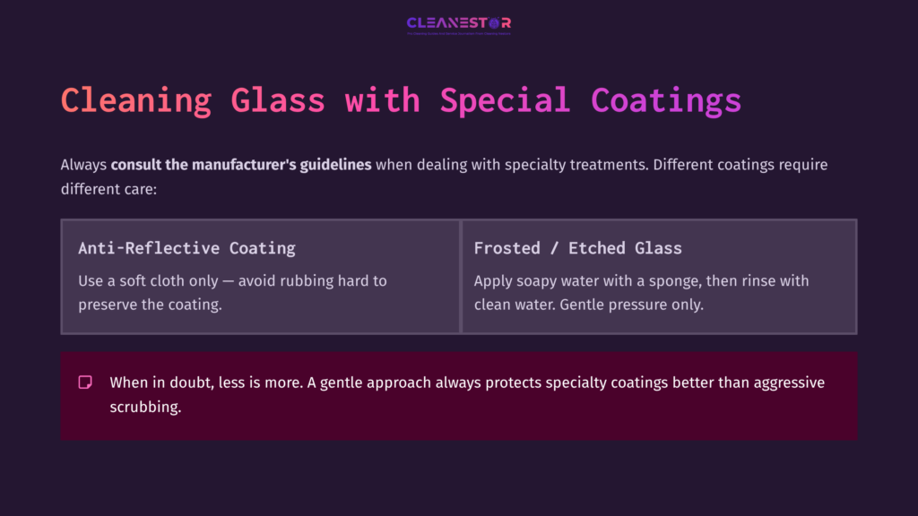 Text On A Gradient Background Highlights Tips For Cleaning Glass With Special Coatings, Using Clear Sections For Each Type.