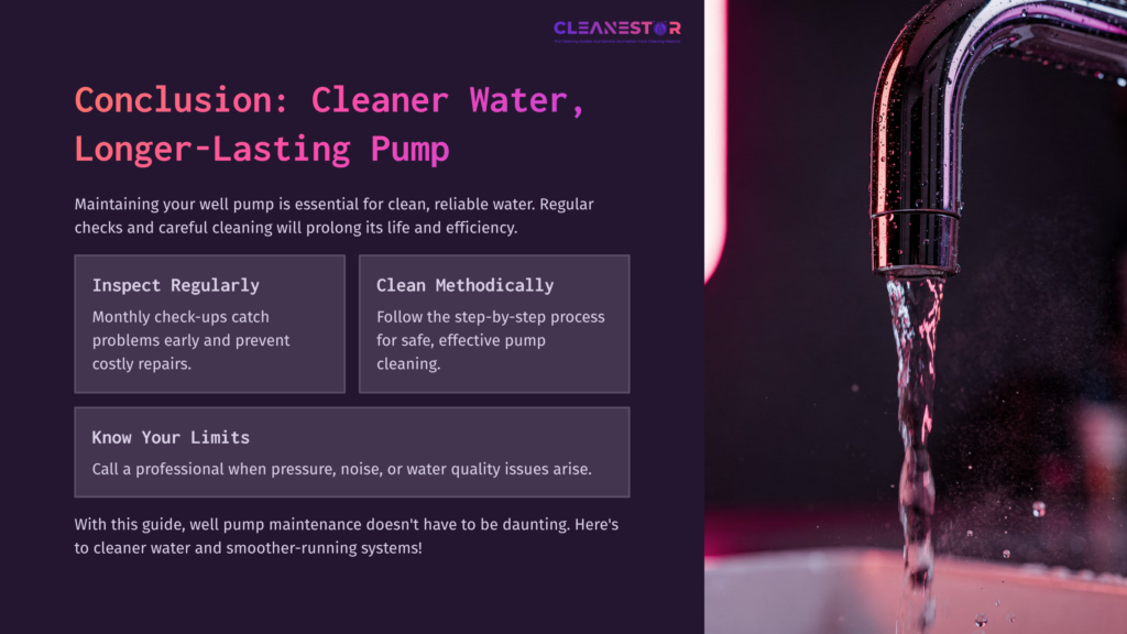 Water Flowing From A Well Pump Faucet, Accompanied By A Purple And Black Background With Informative Text On Well Pump Maintenance.