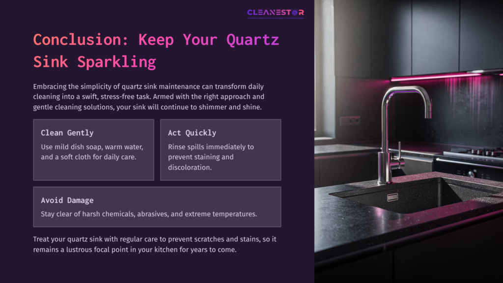A Sleek Quartz Sink With A Modern Faucet, Pink And Purple Lighting, And Cleaning Tips For Maintaining Its Shine And Preventing Damage.