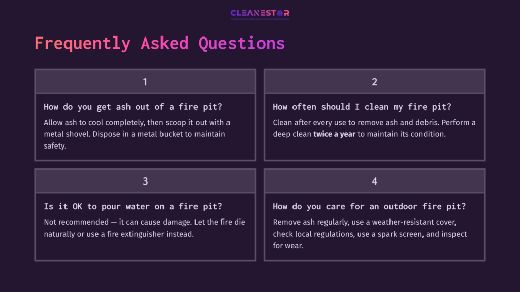 12 Frequently Asked Questions 1 Faqs On Fire Pit Maintenance Featuring Four Text Boxes With Questions And Answers On Cleaning, Ash Disposal, Water Usage, And Care.