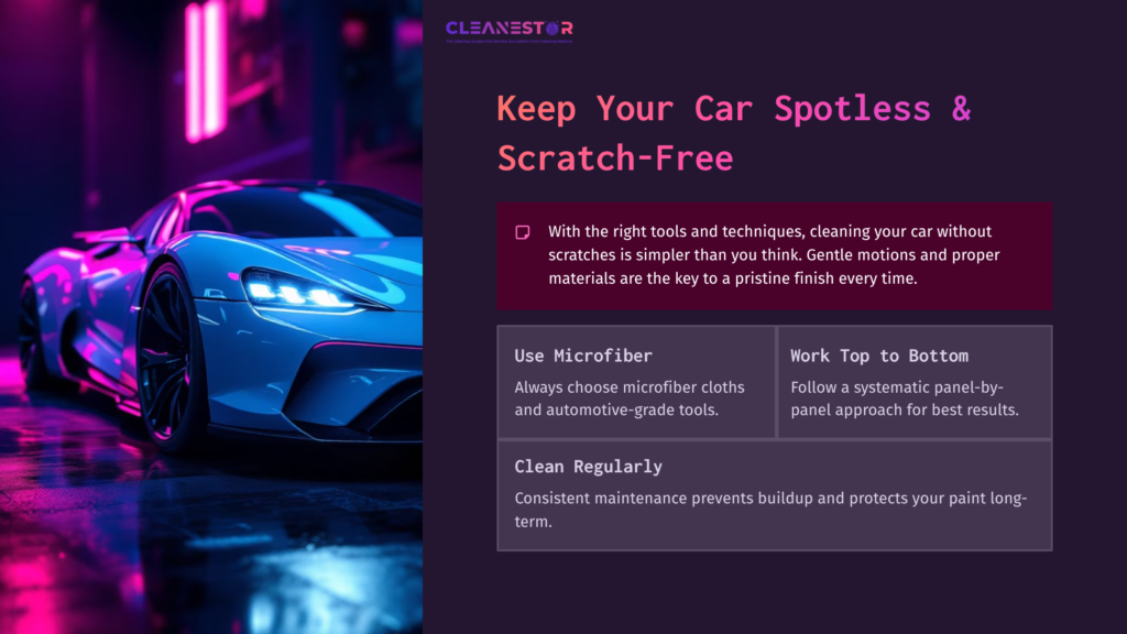 12 Keep Your Car Spotless And Scratch Free A Sleek Blue Car Under Neon Lights, Accompanied By A Cleaning Guide Featuring Tips On Using Microfiber And Regular Maintenance.