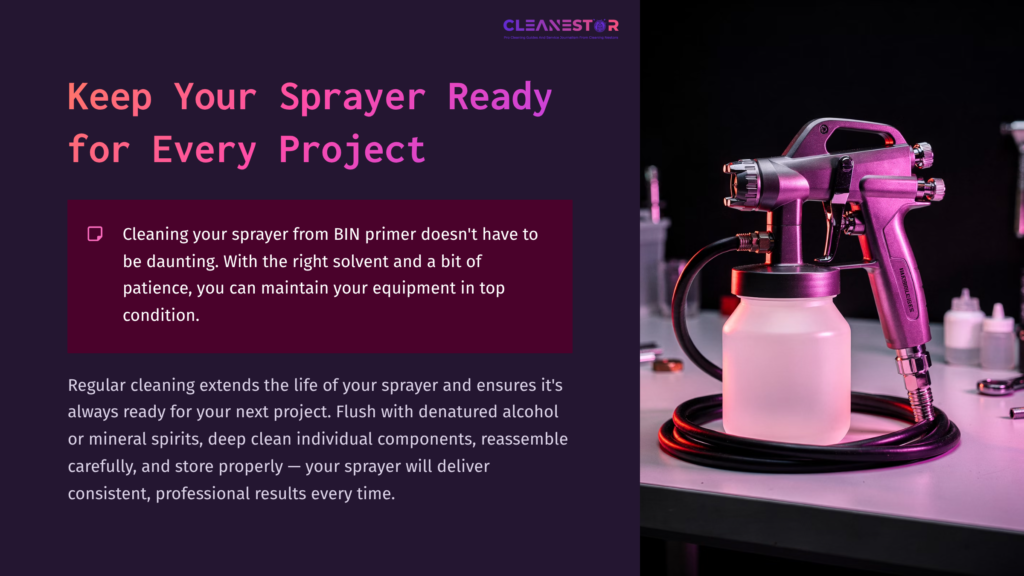 A Bright Purple Background Displays A Spray Gun Next To A Clear Container, Emphasizing Equipment Care And Maintenance For Projects.