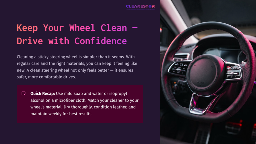 A Close-Up Of A Black Steering Wheel With Silver Accents, Showcasing A Comfortable Grip, Next To A Purple Background And Text About Cleaning Tips.