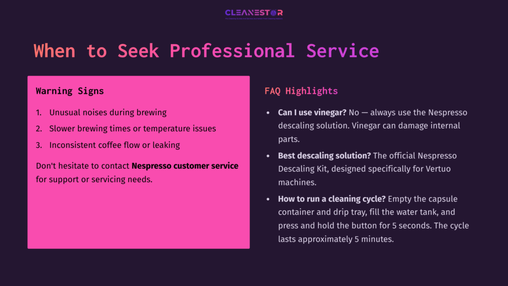 Purple And Pink Background With Text Outlining Warning Signs For Nespresso Machine Issues, Including Faq Highlights On Cleaning And Service.