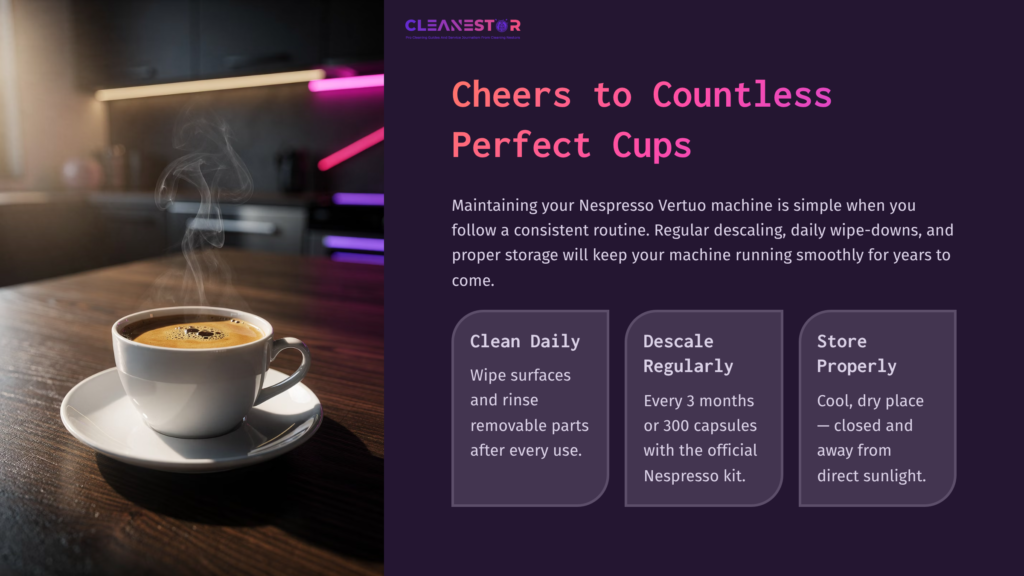 A Steaming Cup Of Coffee On A Wooden Table Under Soft Lighting, With A Purple Text Box Outlining Care Tips For A Nespresso Vertuo Machine.