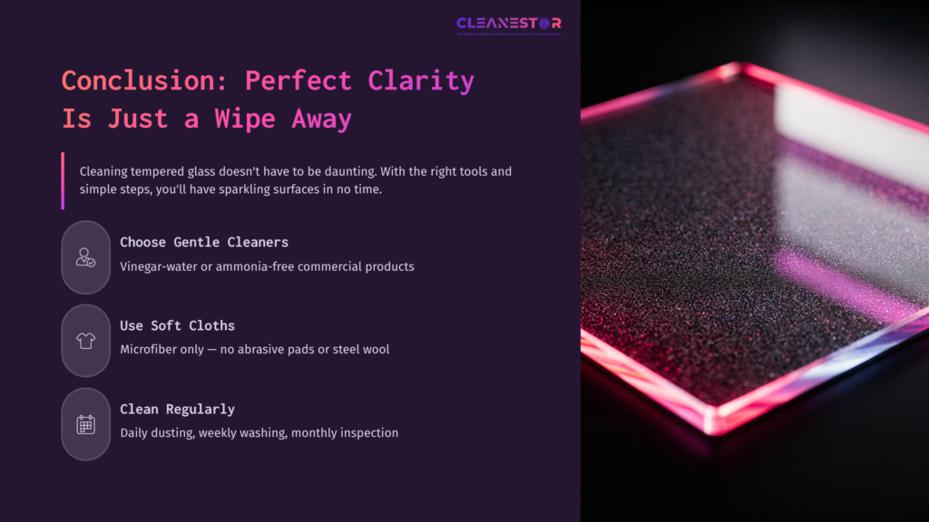 Tempered Glass Surface Reflecting Pink Light, With A List Of Cleaning Tips And Instructions In Purple Text On The Left.