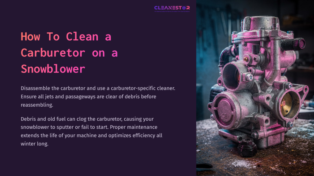 Close-Up Of A Disassembled Snowblower Carburetor On A Rustic Wooden Surface, With Vibrant Pink And Purple Lighting Highlighting Its Details.
