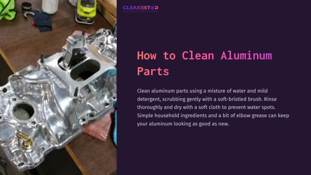 Shiny Aluminum Engine Part On A Wooden Surface, With A Soft Brush And Cleaning Supplies, Showcasing Preparations For Cleaning.