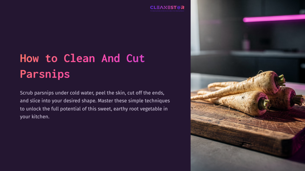 Parsnips Laid On A Wooden Cutting Board, With A Modern Kitchen Backdrop Featuring A Pink-Lit Countertop.