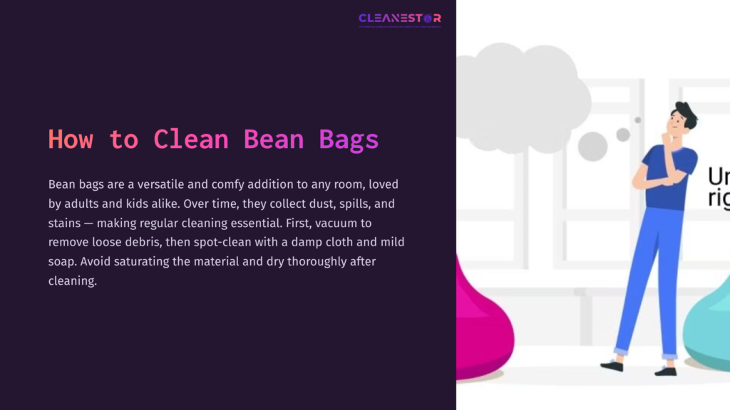 Instructions On Cleaning Bean Bags, Featuring A Purple Background, A Pink Bean Bag, And A Person Using A Vacuum Cleaner By A Window.