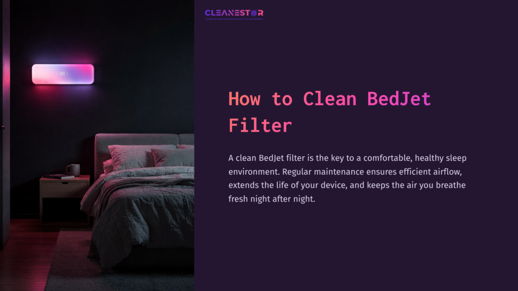 A Cozy Bedroom With A Neatly Made Bed, Bedside Table, And A Glowing Bedjet Unit On The Wall, Set Against A Dark Purple Background.