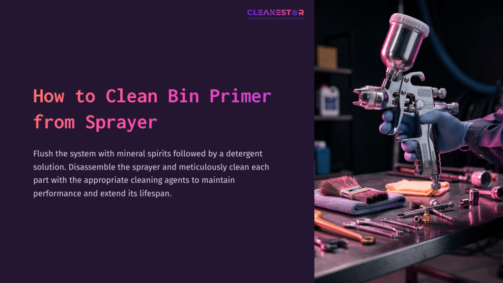 A Person In Gloves Holds A Spray Gun Over A Workbench With Cleaning Tools And Materials, Featuring Purple And Dark Tones In The Background.