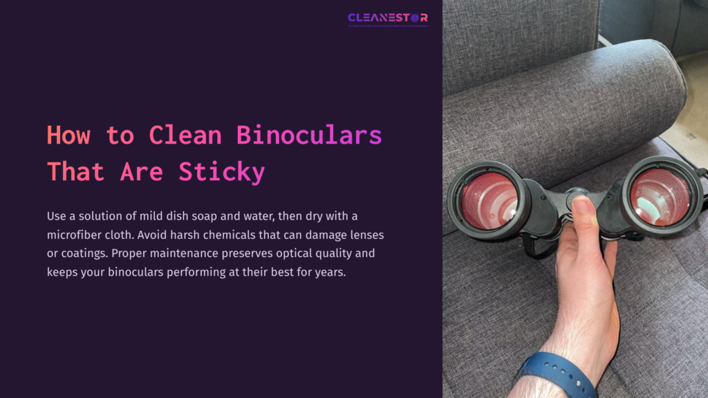 Black Binoculars Are Placed On A Gray Fabric Surface, Accompanied By A Person'S Hand Holding A Microfiber Cloth.