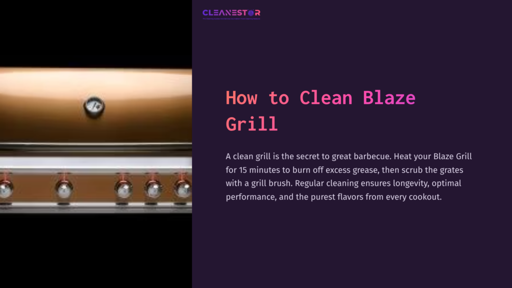 A Close-Up Of A Bronze Blaze Grill With Multiple Control Knobs, Set Against A Dark Purple Background, Emphasizing Cleaning Instructions.