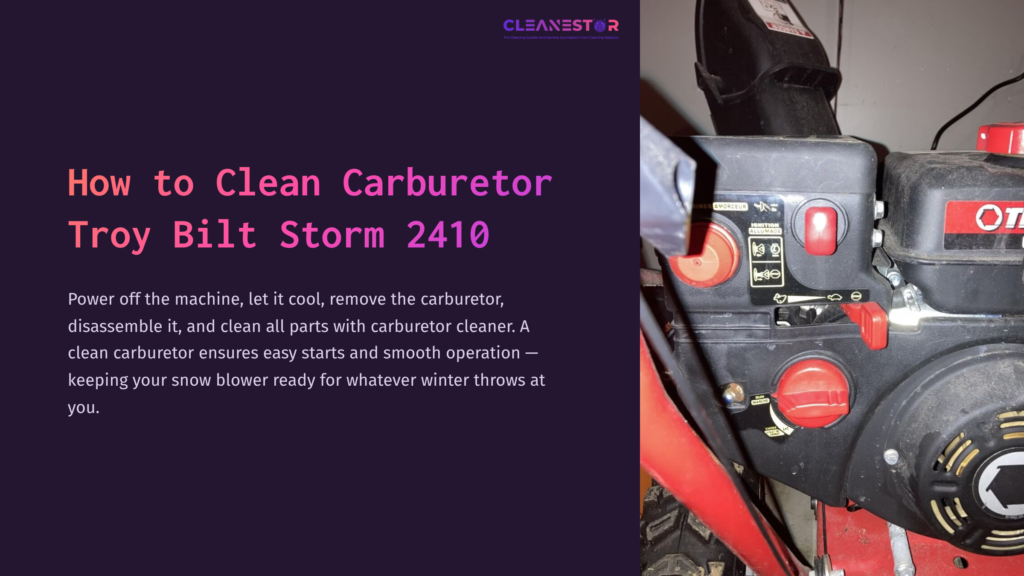 1 How To Clean Carburetor Troy Bilt Storm 2410 Close-Up Of A Red Troy Bilt Storm 2410 Snow Blower'S Carburetor Area, Featuring Various Control Knobs And A Cleaning Process Outline.