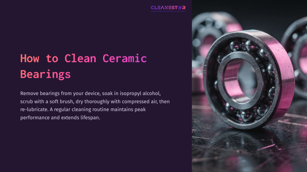 Close-Up Of A Shiny Ceramic Bearing With Pink Accents, Placed On A Dark Surface, Alongside Instructions For Cleaning Ceramic Bearings.
