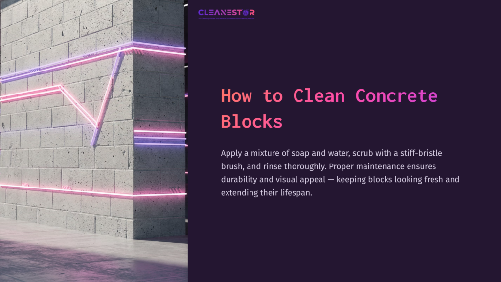 Concrete Blocks With A Clean, Modern Design, Accented By Vibrant Neon Lines. Text On The Right Provides Cleaning Instructions.