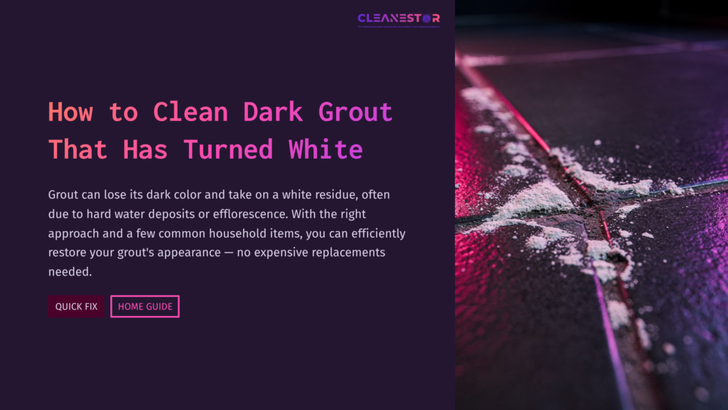 Close-Up Of Dark Grout On Tiles, Showing White Discoloration And Cleaning Supplies Nearby. Background Features A Dark Floor For Contrast.