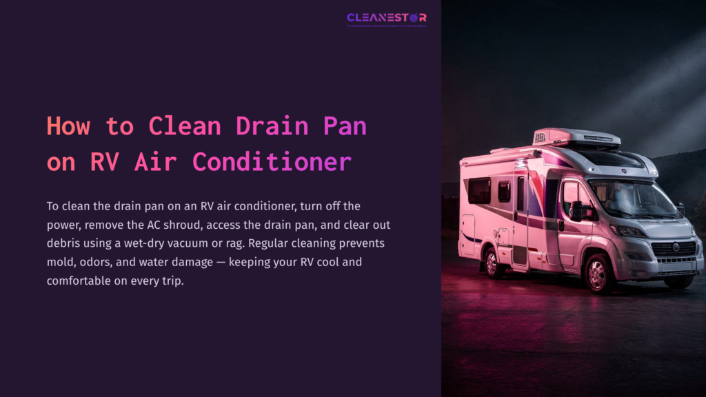 A Pink And Purple-Hued Image Of An Rv Parked, With Text Detailing Steps To Clean The Drain Pan Of An Rv Air Conditioner.