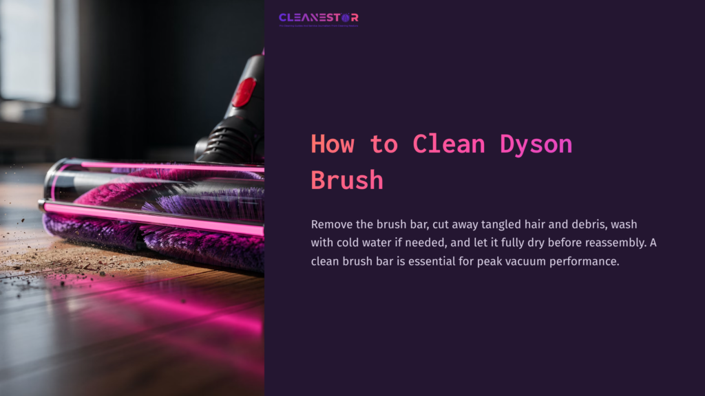 Close-Up Of A Dyson Brush Bar With Pink Bristles On A Wooden Surface, Alongside A Cleaning Guide On Proper Maintenance Steps.