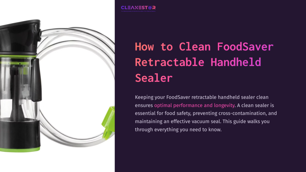 Black And Green Foodsaver Retractable Handheld Sealer With A Clear Hose, Set Against A Purple Background With Cleaning Tips.