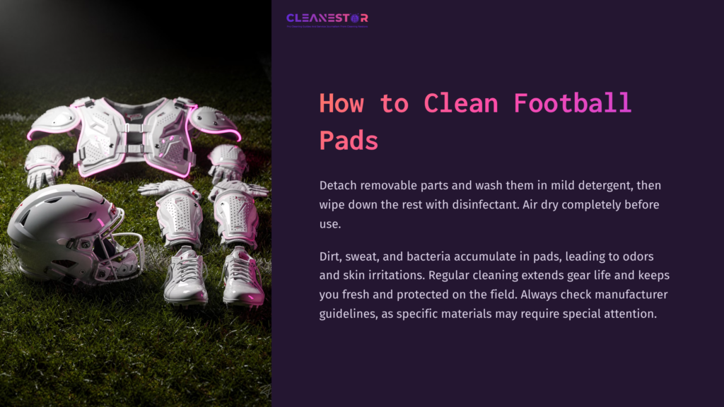 Football Pads And Gear Laid Out On The Ground, Featuring White And Pink Colors, With Text On Cleaning Instructions Beside Them.