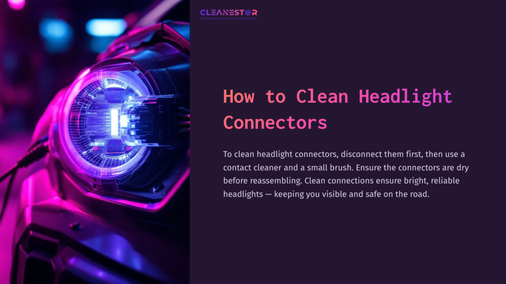 1 How To Clean Headlight Connectors Close-Up Of A Car Headlight With Vibrant Blue And Purple Lighting, Accompanied By Text Instructions On Cleaning Headlight Connectors.