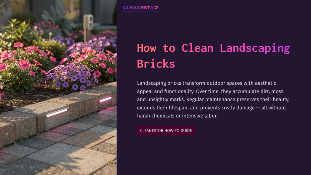 Colorful Flowers Border A Pathway Of Clean Landscaping Bricks, With A Glowing Light Strip Highlighting The Edge. Text Provides Cleaning Tips.