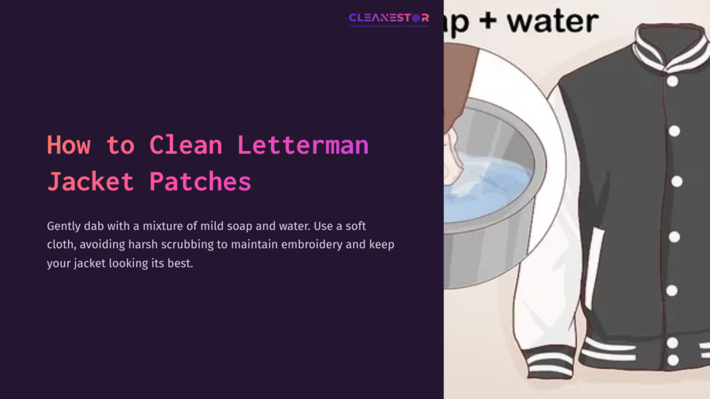 A Bowl Of Soapy Water Beside A Hand Gently Cleaning A Letterman Jacket Patch, With Instructions On Care Displayed Prominently.