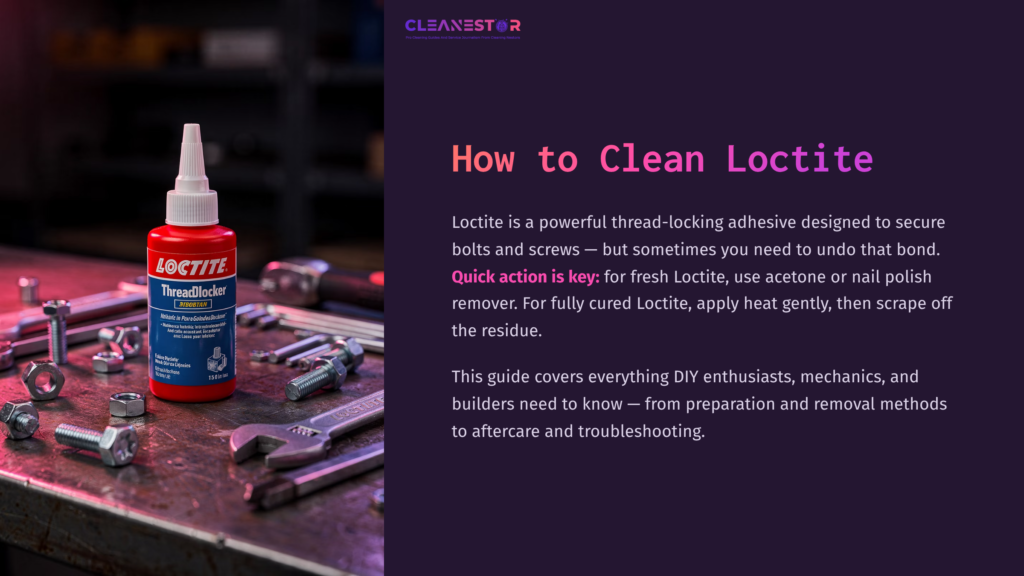 Red Bottle Of Loctite Thread-Locking Adhesive On A Workbench With Various Tools, Including Wrenches, Against A Purple Backdrop.