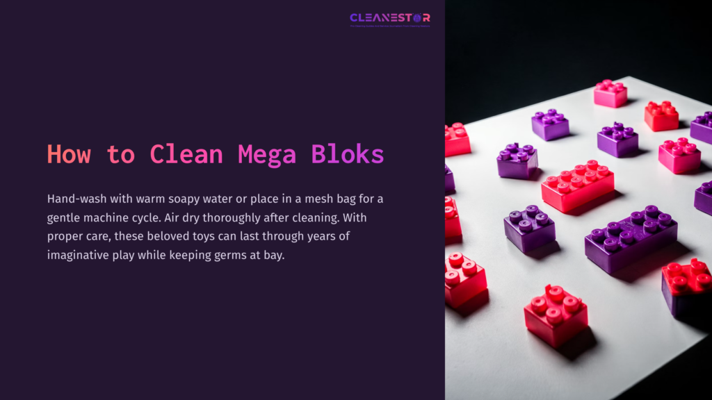 Colorful Mega Bloks In Shades Of Pink, Purple, And Red Arranged On A Light Surface, Accompanied By Cleaning Instructions On The Left.