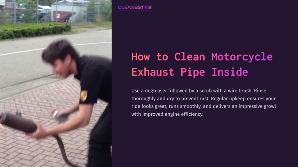1 How To Clean Motorcycle Exhaust Pipe Inside Person In A Black Shirt Cleaning A Motorcycle Exhaust Pipe With A Wire Brush. Background Features A Paved Area And Greenery.