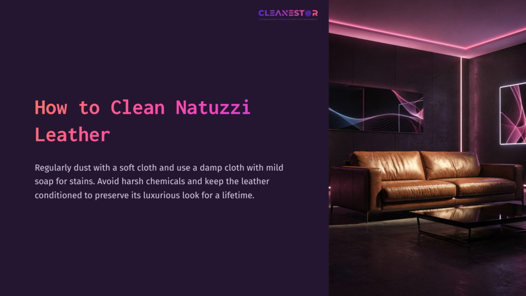 Brown Leather Sofa In A Modern Room With Purple Lighting, Alongside Text Instructions For Cleaning Natuzzi Leather Furniture.