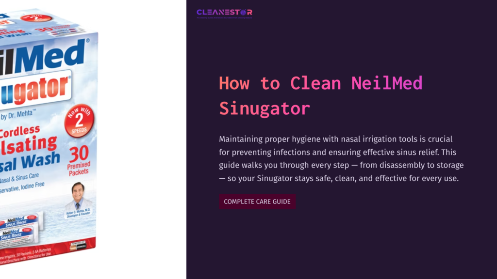 1 How To Clean Neilmed Sinugator Packaging Of Neilmed Sinugator Nasal Rinse Device On A Dark Purple Background, With A Guide Title And Brief Description To The Right.
