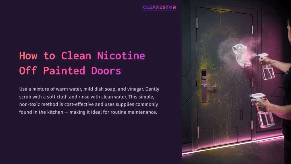 A Person Sprays A Door With A Cleaning Solution, With Vibrant Splashes Of Color; Text Suggests Methods For Removing Nicotine From Painted Doors.